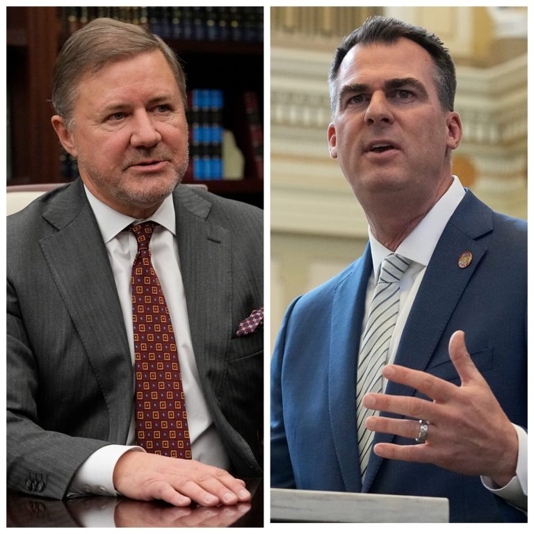 Oklahoma Attorney General Gentner Drummond is pictured Wednesday, Feb. 1, 2023, during an interview in Oklahoma City. / Oklahoma Gov. Kevin Stitt gestures as he delivers his State of the State address Monday, Feb. 6, 2023, in Oklahoma City. (AP Photo/Sue Ogrock)