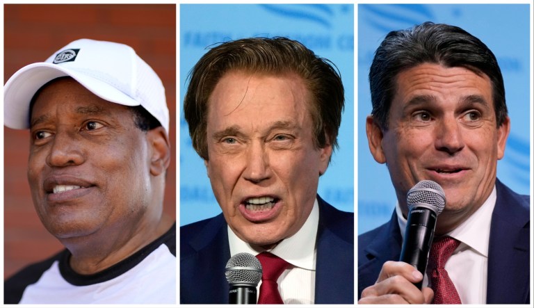 From left, Republican candidates Larry Elder, Perry Johnson, and Ryan Binkley.