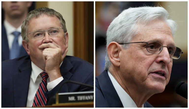 Left: Rep. Thomas Massie (R-KY); Right: Attorney General Merrick Garland