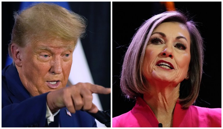 Former President Donald Trump, left, and Gov. Kim Reynolds (R-IA), right.