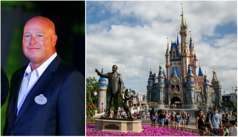 Former Disney CEO Bob Chapek and a picture of the Magic Kingdom at Walt Disney World Resort in Lake Buena Vista, FL.