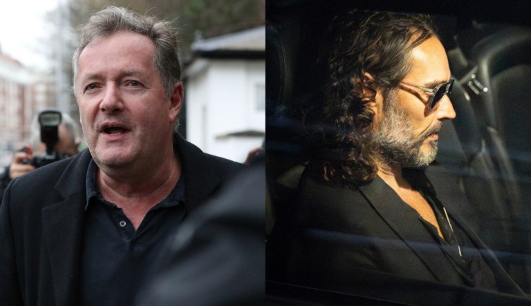 British journalist Piers Morgan, left, and comedian and podcast host Russell Brand, right.