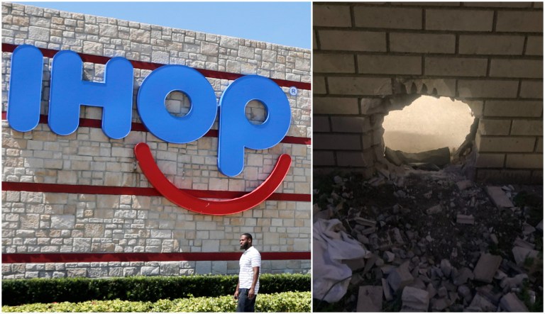 An IHOP sign at a restaurant in Hialeah, Florida (AP Photo) and the hole made in the wall through which the inmates made their escape from the Newport News Jail Annex. (Newport News Sheriffâs Office photo)