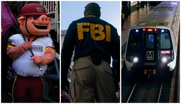 Major Tuddy, the mascot for the NFL's Washington Commanders, at a game in 2023, an FBI agent standing in front of property connected to Russian oligarch Oleg Deripaska on Oct. 19, 2021, in New York, and a D.C. Metro train arrives at Metro Center station in Washington, D.C., on April 23, 2021.