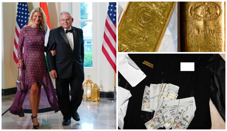 Sen. Bob Menendez, D-N.J., and his wife Nadine Menendez (left); top right the gold bars found during a search by federal agents of Sen. Bob Menendez's home and safe deposit box; bottom right a jacket bearing Menendez's name, along with cash from envelops found inside the Jacket during a search by federal agents of the senator's home in Harrison, N.J.