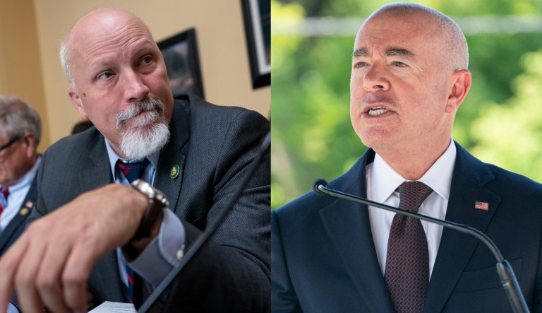 Rep. Chip Roy (R-TX), left, and Department of Homeland Security Secretary Alejandro Mayorkas, right.