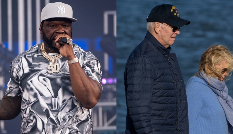 Rapper 50 Cent is seen on the left. In the image on the right, President Joe Biden and first lady Jill Biden are seen walking in Rehoboth Beach, Delaware.