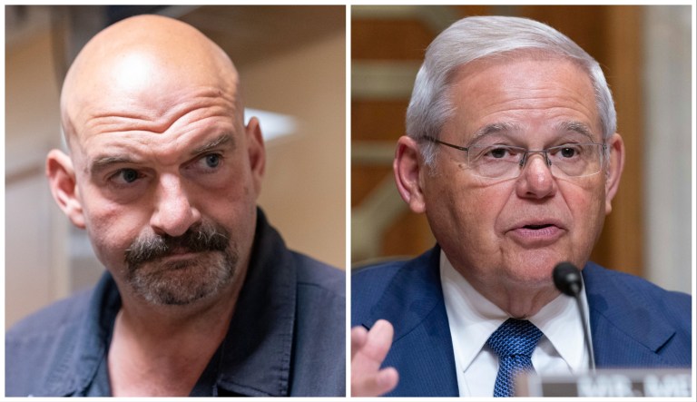 At left, Sen. John Fetterman (D-PA) and, at right, Sen. Bob Menendez (D-NJ).