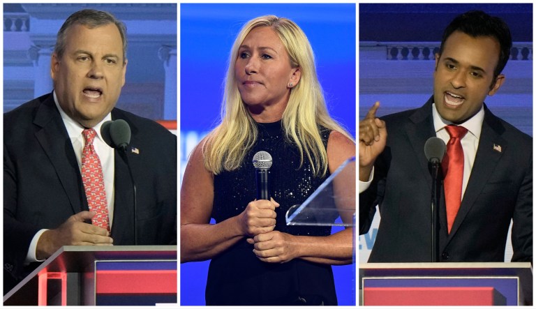 Former Republican New Jersey Gov. Chris Christie, Rep. Marjorie Taylor Greene (R-GA), and entrepreneur Vivek Ramaswamy.