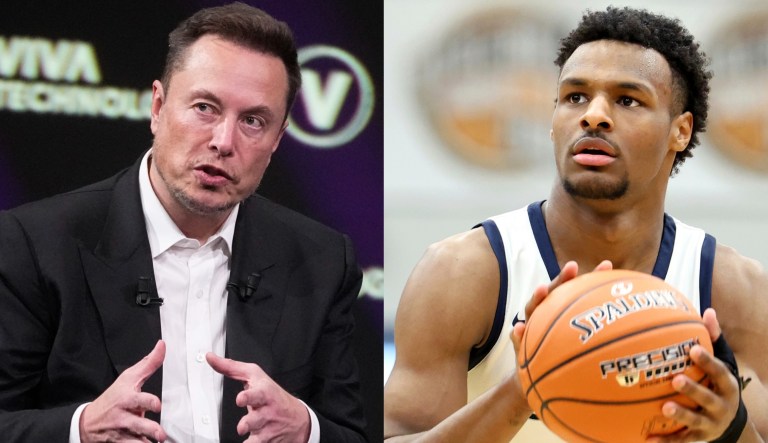 Twitter owner Elon Musk, left, and Bronny James, right.