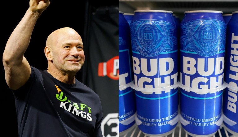 Dana White, left, and several cans of Bud Light, right.