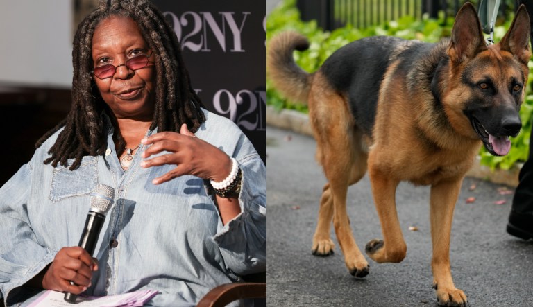 Whoopi Goldberg, left, and President Joe Biden's pet dog, Commander, right.