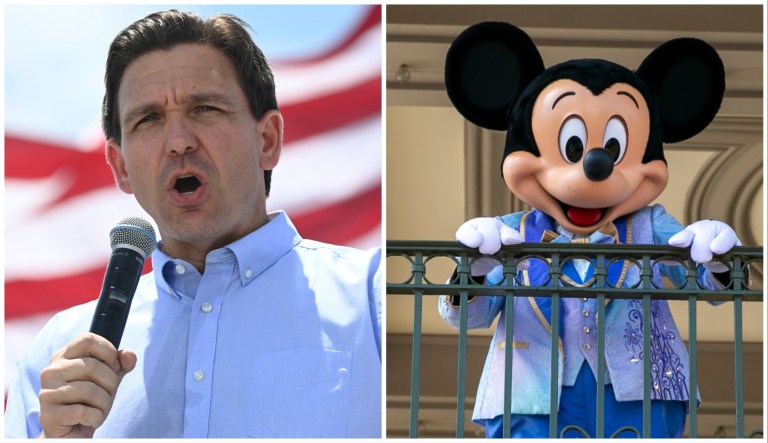 From left to right: Gov. Ron DeSantis (R-FL) speaking in Gardnerville, Nevada, and Mickey Mouse at the Walt Disney World Resort in Lake Buena Vista, Florida.