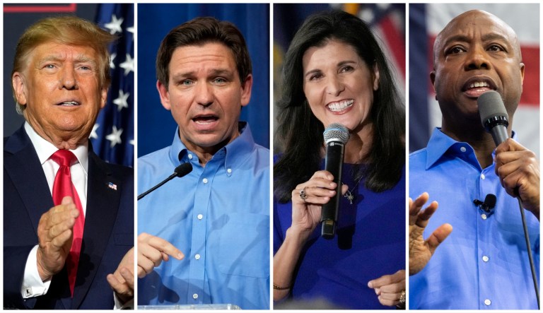 2024 Republican presidential candidates Donald Trump, Ron DeSantis, Nikki Haley, and Tim Scott