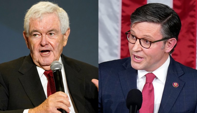 Former House Speaker Newt Gingrich, left, and House Speaker Mike Johnson (R-LA).