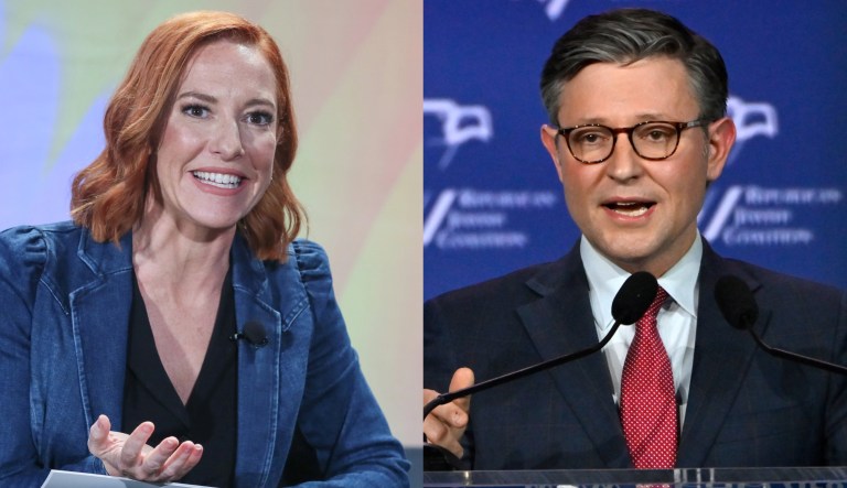 MSNBC anchor Jen Psaki, left, and House Speaker Mike Johnson (R-LA), right.