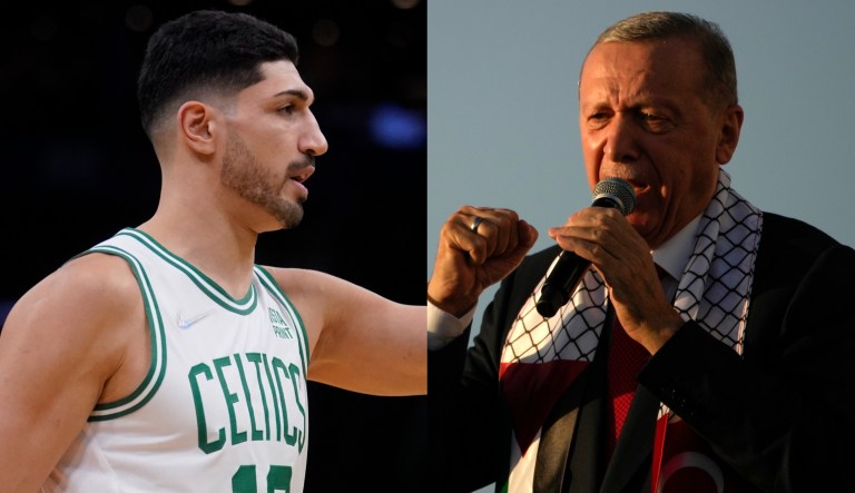 Former NBA player Enes Kanter Freedom, left, and Turkey President Recep Tayyip Erdogan, right.