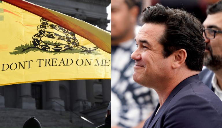 The Gadsden flag, left, and actor and conservative Dean Cain, right.