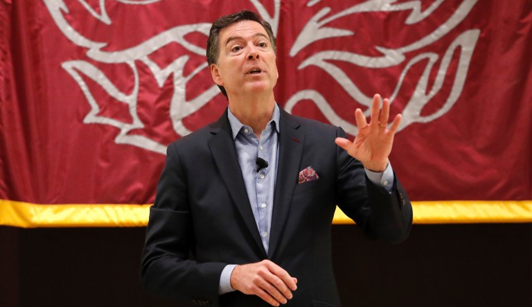 Former FBI director James Comey speaks at the University of Chicago Law School for the 2019 Ulysses and Marguerite Schwartz Memorial Lecture, Tuesday, Oct. 29, 2019, in Chicago.