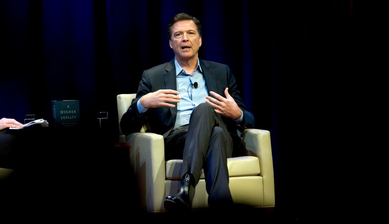Former FBI director James Comey speaks during a stop on his book tour for "A Higher Loyalty" Monday, April 30, 2018, in Washington.