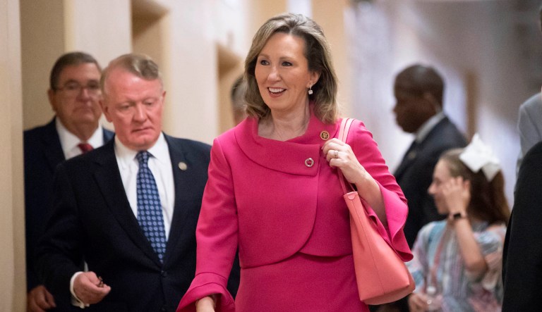 In this June 26, 2018, file photo, Rep. Barbara Comstock, R-Va., walks to a closed-door GOP strategy session at the Capitol in Washington.