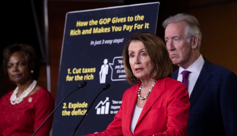 House Minority Leader Nancy Pelosi, D-Calif., asserts that the debt created by the Republican tax cut was a step toward compromising Social Security and Medicare, during a news conference on June 20, 2018.