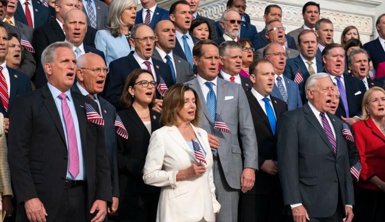 Singing God Bless America, members of Congress gather at the Capitol to observe the anniversary of the Sept. 11, 2001, terror attacks on America, in Washington, Wednesday, Sept. 11, 2019. On front row, from left are House Republican Leader Kevin McCarthy, D-Calif., House Speaker Nancy Pelosi, D-Calif., and House Majority Leader Steny Hoyer, D-Md.