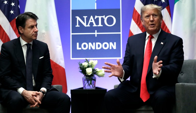 President Donald Trump meets with German Chancellor Angela Merkel during the NATO summit at The Grove, Wednesday, Dec. 4, 2019, in Watford, England.