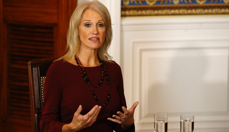 Counselor to the President Kellyanne Conway speaks during a listening session with first lady Melania Trump and teenagers about their experiences with electronic cigarettes and vaping in the Blue Room of the White House, Wednesday, Oct. 9, 2019, in Washington. 