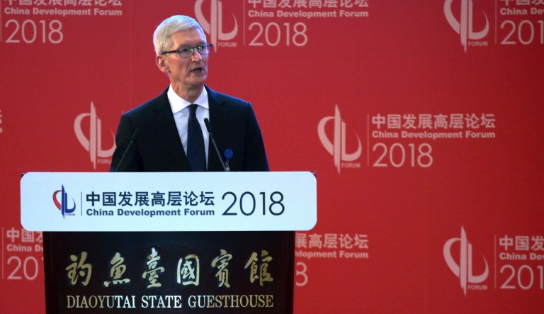 Tim Cook, Apple CEO delivers his speech at the opening ceremony of the China Development Forum held at the Diaoyutai State Guesthouse in Beijing.