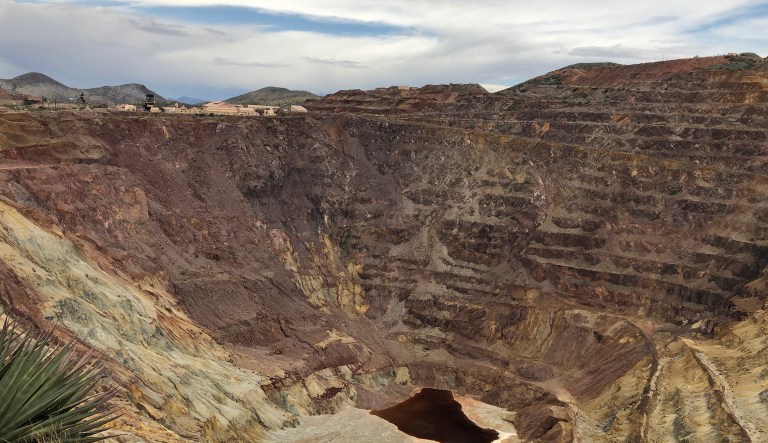 This photo taken Monday, May 12, 2019, shows what's left of the Lavender pit mine outside the southeastern Arizona city of Bisbee, where the copper operation stopped in 1974.