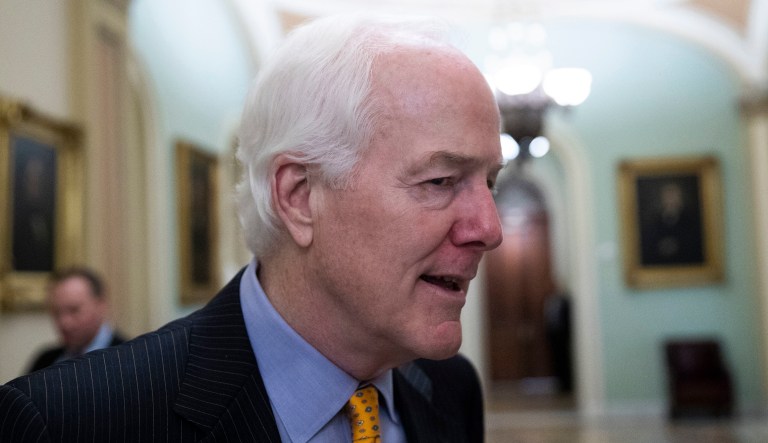 Senate Majority Whip Sen. John Cornyn, R-Texas, talks with reporters on Capitol Hill, Thursday, Oct. 11, 2018 in Washington.