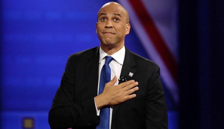 Democratic presidential candidate Sen. Cory Booker, D-N.J., gestures during the Power of our Pride Town Hall Thursday, Oct. 10, 2019, in Los Angeles. The LGBTQ-focused town hall featured nine 2020 Democratic presidential candidates.