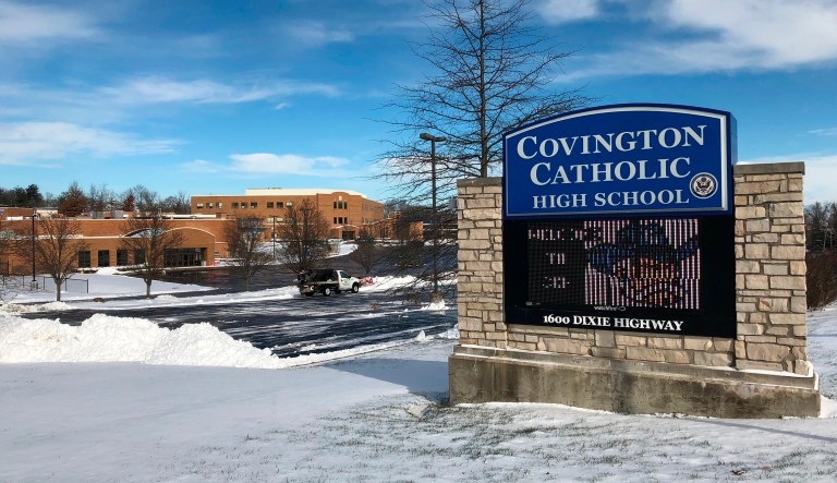 Snow covers the grounds of Covington Catholic High School in Park Hills, Ky., Sunday, Jan. 20, 2019. The school has received national attention in the wake of videos showing students from the school mocking Native Americans outside the Lincoln Memorial after a rally in Washington.