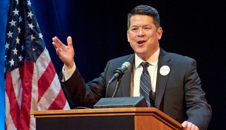 In this Jan. 5, 2018 photo, T.J. Cox, a candidate for the 21st Congressional District, speaks at a Democratic Party debate at the Gallo Center for the Arts in Modesto.