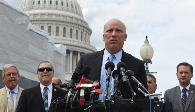 Rep. Chip Roy, R-Texas, center, speaks about immigration on the southern border during a news conference on Capitol Hill in Washington, Tuesday, June 18, 2019. 