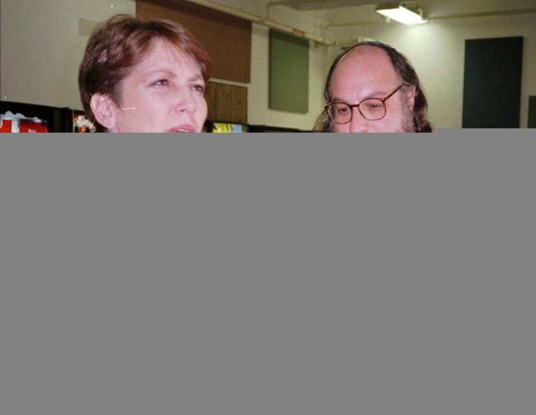 Israeli Communications Minister Limor Livnat, left, visits with convicted spy Jonathan Pollard, right, in 1997 at the Federal Correctional Institution in Butner, N.C. Pollard, a former American civilian intelligence analyst, is still in jail nearly three decades after being sentenced to life in prison for taking classified documents he believed contained information important to Israel's self-defense. (AP Photo/Ayala Bar)