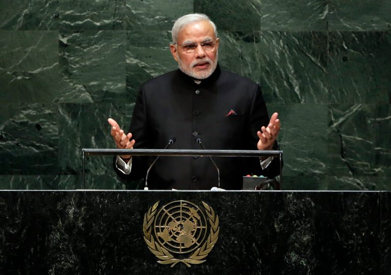 Prime Minister Narendra Modi, of India, addresses the 69th session of the United Nations General Assembly, at U.N. headquarters, Saturday, Sept. 27, 2014. (AP Photo/Richard Drew)