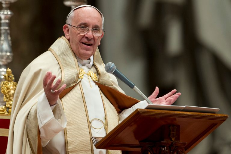 Pope Francis celebrates Mass in St. Peter's Basilica at the Vatican on Saturday. (AP Photo/Andrew Medichini)