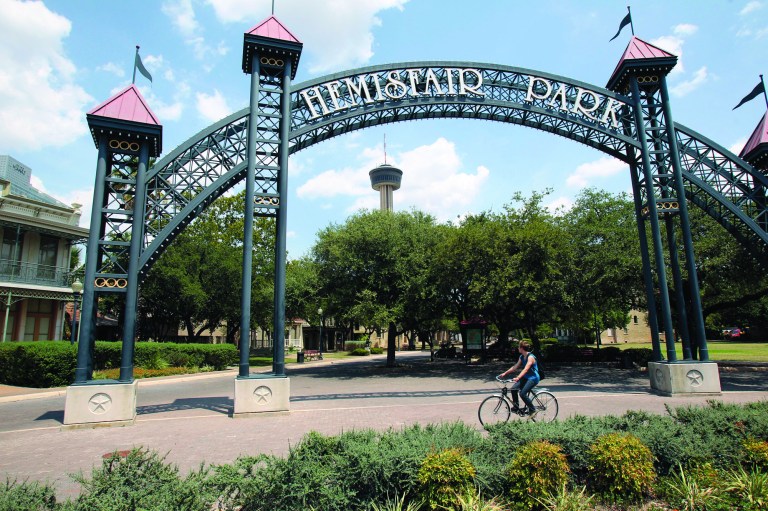 ADVANCE FOR SUNDAY JAN. 6 - In this July 2011 file photo, an entrance to HemisFair Park in San Antonio, Texas is seen. A bill to allow private development in the park, which currently isn't allowed under state law, will be put before the Texas legislature when it convenes January 8. HemisFair park was originally developed for the 1968 HemisFair, the first officially designated international exposition in the Southwestern United States according the the Texas Handbook Online, and is anchored by the Tower of the Americas. (AP Photo/San Antonio Express-News, Tom Reel, File) RUMBO DE SAN ANTONIO OUT; NO SALES