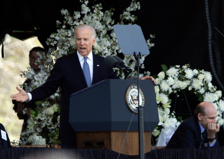 Vice President Joe Biden speaks at a memorial service for slain Massachusetts Institute of Technology campus officer, Sean Collier, at MIT in Cambridge, Mass. Wednesday, April 24, 2013. (AP Photo/Elise Amendola)