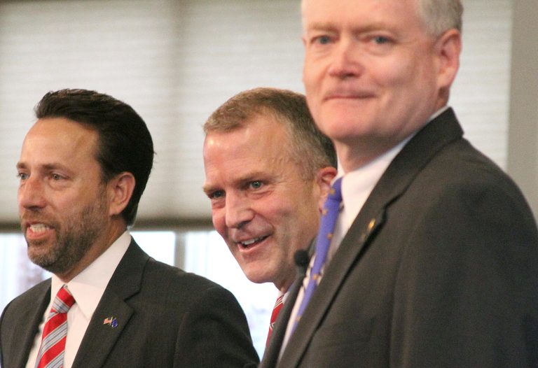 From left, U.S. Senate Republican candidates Joe Miller, Dan Sullivan and Lt. Gov. Mead Treadwell take part in a debate in Eagle River, Alaska, earlier this month.(AP Photo/Mark Thiessen)