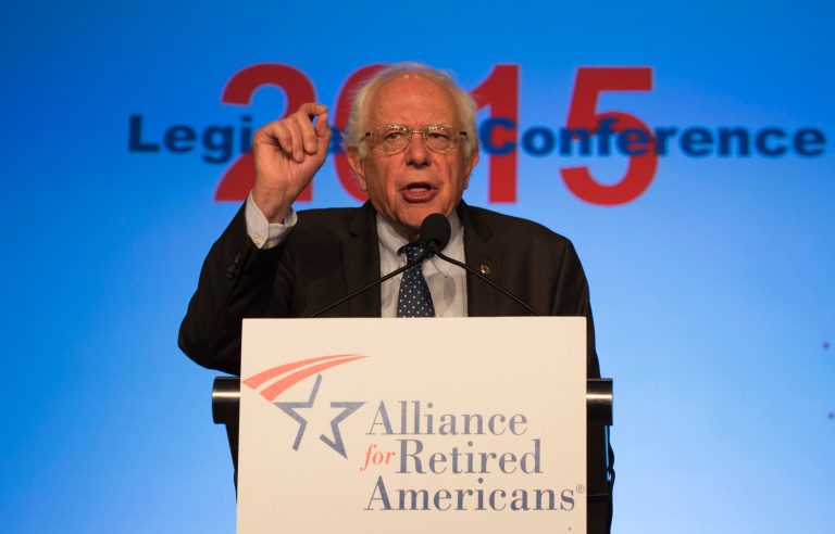 Democratic presidential candidate Sen. Bernie Sanders, I-Vt., speaks at the Alliance for Retired Americans 2015 National Legislative Conference in Washington, Thursday, July 9, 2015. (AP Photo/Molly Riley)