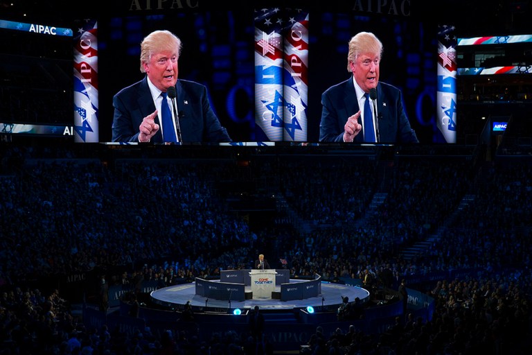 At AIPAC, Trump gave a traditional political speech read in a more subdued manner than usual from a teleprompter. (AP)