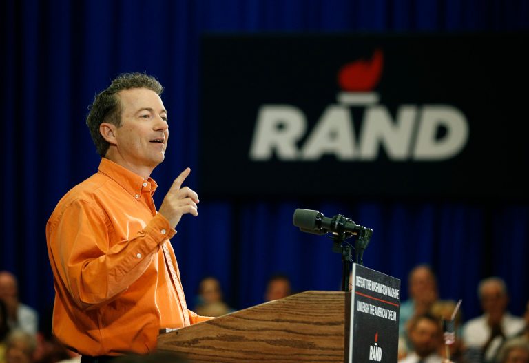 Republican Presidential candidate Sen. Rand Paul, R-Ky., speaks at a rally Saturday, April 11, 2015, in Las Vegas. (AP Photo/John Locher)
