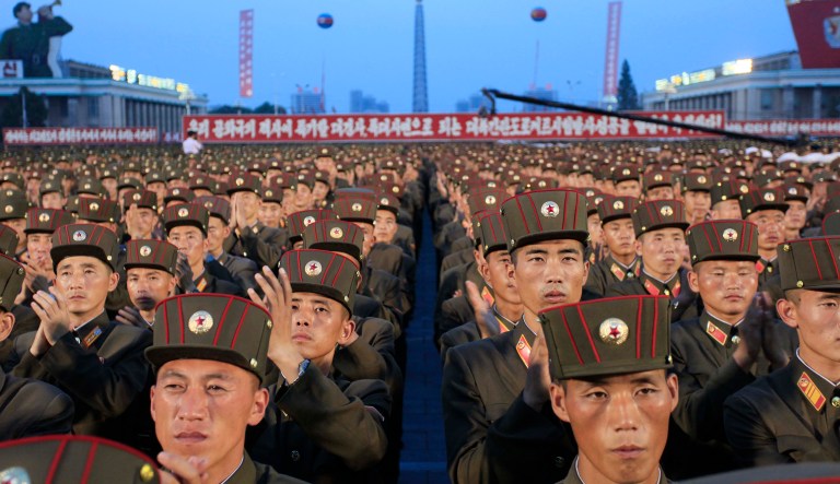 In this Thursday, July 6, 2017, file photo, soldiers gather in Kim Il Sung Square in Pyongyang, North Korea, to celebrate the test launch of North Korea's first intercontinental ballistic missile two days earlier. (AP Photo/Jon Chol Jin, File)