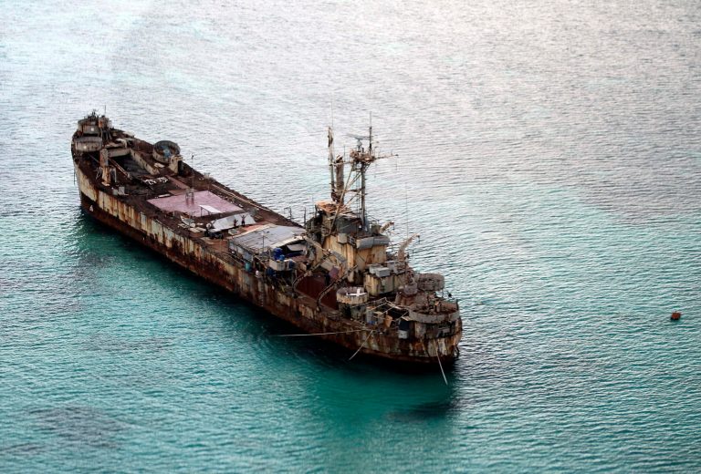 The dilapidated Sierra Madre ship of the Philippine Navy anchored near Ayungin Shoal with Filipino soldiers onboard to secure perimeter in the Spratly Islands in the South China Sea. (Ritchie B. Tongo/Pool Photo via AP)