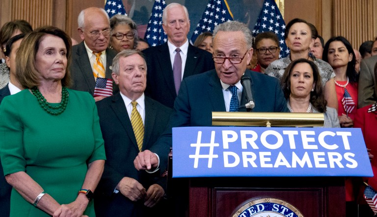 Senate Minority Leader Chuck Schumer, D-N.Y., said Tuesday that he is encouraged by news that the Trump administration is unlikely to tie funding for a wall along the U.S.-Mexico border to a bill that would protect those enrolled in the Deferred Action for Childhood Arrivals program. (AP Photo/Jose Luis Magana)