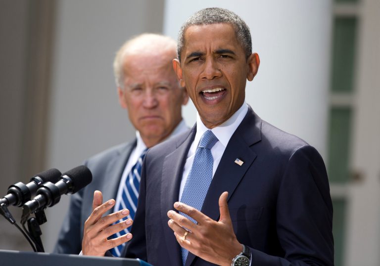   President Barack Obama, flanked by Vice President Joe Biden, left, speaks about the crisis in Syria in the Rose Garden of the White House on Saturday, Aug. 31, 2013 in Washington. Obama says he has decided that the United States should take military action against Syria in response to a deadly chemical weapons attack. But he says he will seek congressional authorization for the use of force. (AP Photo/Evan Vucci)  