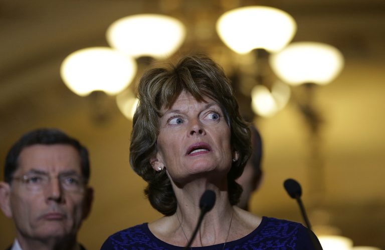 Sen. Lisa Murkowski speaks to reporters outside the Senate chamber following a luncheon for Republican members of the Senate on Jan. 27, 2015, in Washington. (Photo by Win McNamee/Getty images)